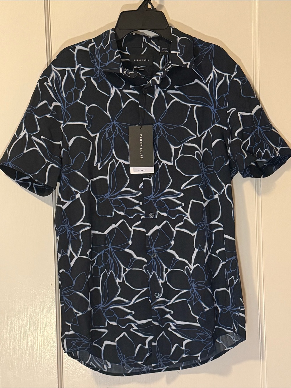 Perry Ellis Men's Slim Fit Abstract Botanical Short Sleeve Shirt Navy Blue NWT